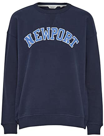 OXMO OXCOLEEN Damen Sweatshirt Pullover Sweater O-Neck Crewneck College-Look Frontprint überschnittene Ärmel 100% Baumwolle, Größe:XL, Farbe:Total Eclipse (194010)