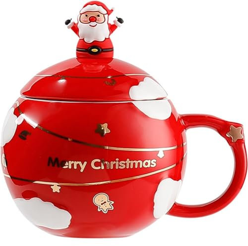 FülleMore 400ml Kaffeetasse mit Deckel und Löffel Weihnachtstasse Trinkbecher 3D Weihnachtsmann Kaffeebecher Teetasse Milchbecher Süße Kaffeetasse Geschenk (Rot)