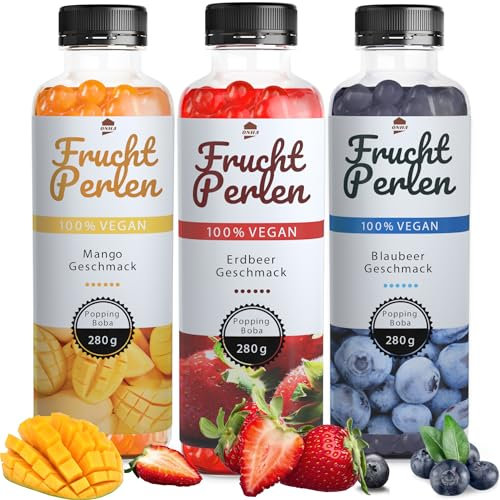 ONHA Bubble Tea Perlen Set - 3er Pack Bubble Tea Set mit Popping Boba Fruchtperlen - fruchtige Tapioka Perlen Bubble Tea servierfertig - 100% vegan und glutenfrei - Erdbeere, Mango, Blaubeere