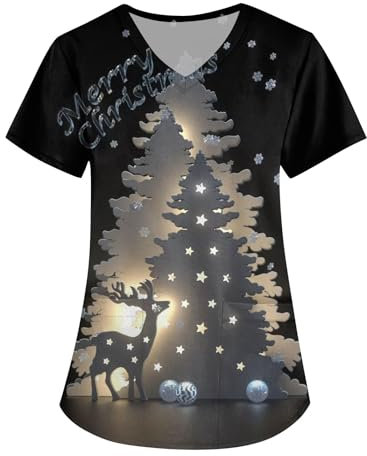 DHYUEN Krankenschwester Damen Knopfleiste Christmas Damen Pflege Wissenschaftslabor Kasaks Altenpflege Damen Weihnachten Krankenhaus Schlupfhemd Durchgehendem Schlupfhose Damen(2-Black,L)