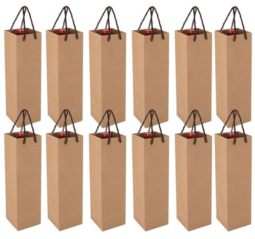 12 Pieces Kraft Paper Wine Bottle Bag, Sturdy Reusable Kraft Paper Wine Tote Bag with Handles for Christmas, Party, Retail Merchandise, Shopping, 3.7 x 3.7 x 13.7 Inches (Brown)
