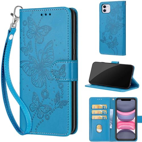 KENHONER Phone Case for iPhone 11, Butterfly - Blue | Shockproof Flip Wallet, Card Slots, Kickstand, PU Leather, Wrist Strap Lanyard
