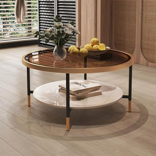 Table Basse Ronde en Verre Tables Basses dorées à 2 Niveaux pour Le Salon Table Basse Moderne avec étagères Ouvertes Table Basse au Design à la Mode avec Cadre en métal Robuste Bords Lisses