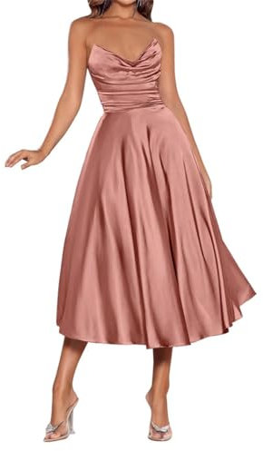 Robe de bal pour femme en satin avec poches, longueur thé, rose poudré, taille 38