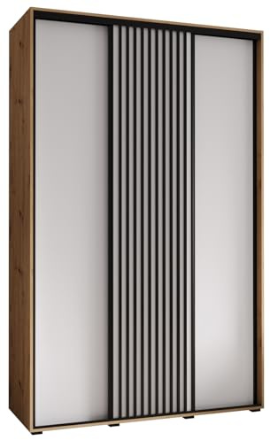 MEBLE KRYSPOL Lanko 1 Schrank mit DREI Schiebetüren mit Stange, Regale - Moderner Aufbewahrungsschrank für Schlafzimmer, Wohnzimmer - 235,2x160x45 cm - Artisan Weiß Schwarz