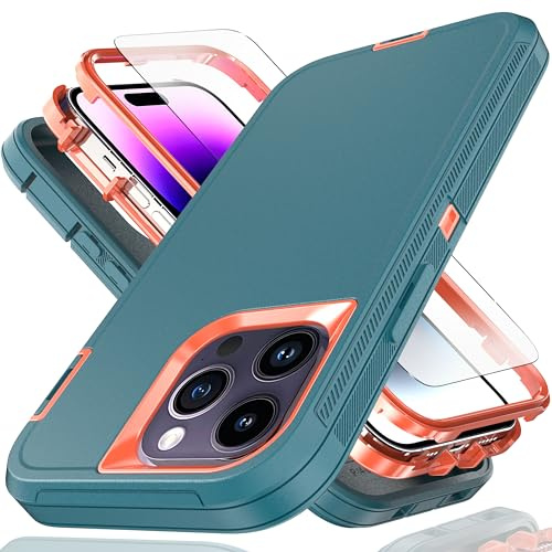 YmhxcY for iPhone 14 Pro Case 6.1-Inch with Explosion-Proof Screen Protector,3 in 1 Shockproof TPU Hard PC Bumper Drop-Proof Shell for iPhone 14 Pro-Blue/Orange