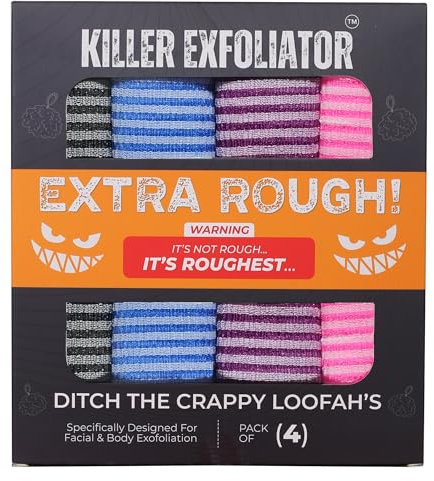 Killer Exfoliator Premium extra raues japanisches Peeling-Waschlappen-Set: extra lang, hygienisch, Peeling für Männer und Frauen, 4 Stück (Schwarz, Blau, Lila und Rosa)