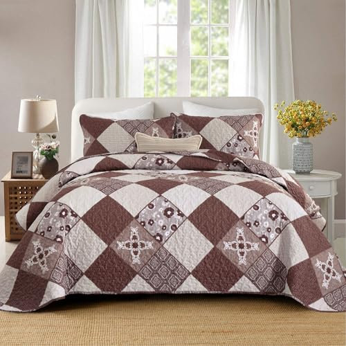 WONGS BEDDING Tagesdecke 220x240 Reddish Brown Patchwork Bettüberwurf Gesteppt Bedspreads Blumen Muster Steppdecke Mikrofaser kariertem Tagesdecke mit 2 Kissenbezug 48x75