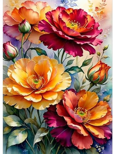 DAERLE Peinture Diamant Fleurs colorées, 5D Diamond Painting Complet Pivoine, Diamant Strass Point de Croix Cristal Painting Diamant Kit Painting pour Murale Décoration 30x40cm