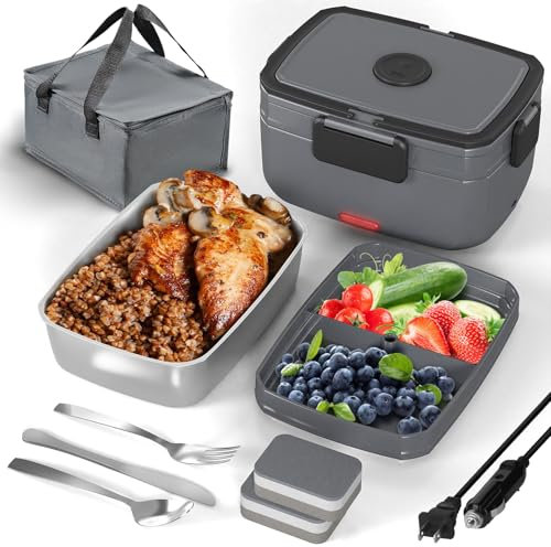 Sitlais Electric Heated Lunch Box for Men - 3 Liters Double Layer Portable Food Warmer for Car Truck 90 W Self Heating Lunch Box for Adults Food Heater for Work Travel Camping lonchera,Dark Grey