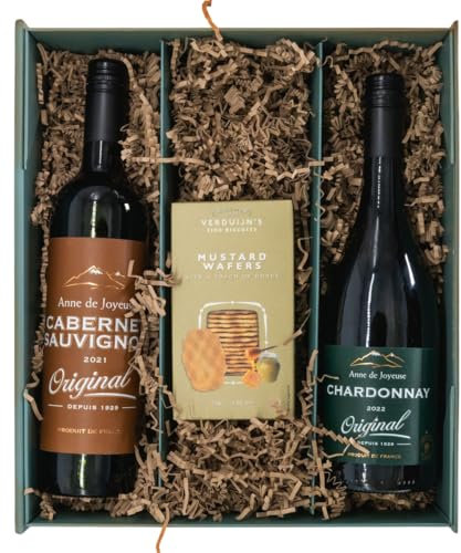 Weinbox Frankreich mit Bio Honig Senf Cracker - Premium Geschenkset mit Cabernet Sauvignon & Chardonnay von Anne de Joyeuse, Perfekt für Weinliebhaber und besondere Anlässe