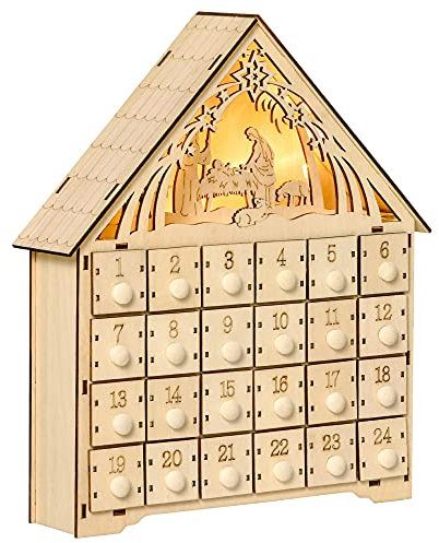 HOMCOM Adventskalender zum Befüllen 24 Schubladen Fächer Weihnachtskalender mit LED-Lichtern Adventskalenderbox Weihnachtsdekoration DIY MDF-Platte Naturholz 26,6 x 6 x 30 cm
