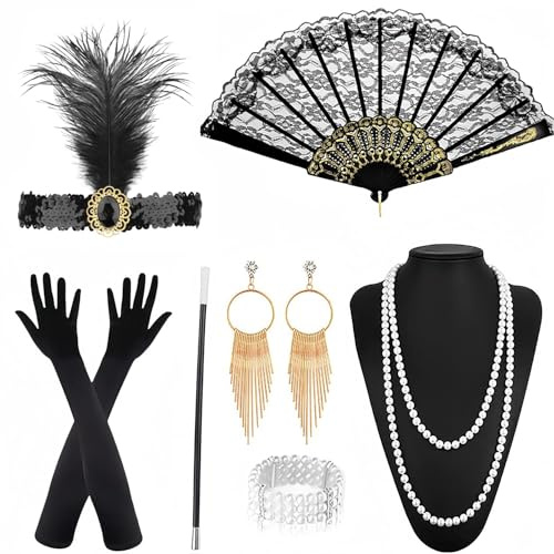 NebulaGlam 20er Jahre Accessoires, 7 Teiliges Great Gatsby Party Kostüme Accessoires Damen, Charleston Accessoires Damen 1920 Zubehör Set für Halloween Weihnachten Carnaval