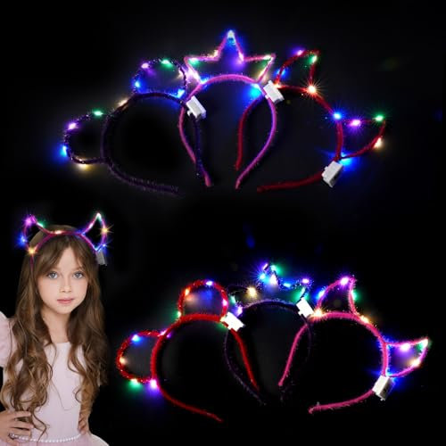 AYBUY LED Stirnband, 6 Stück Katze Haarreif Kinder, Leuchtendes Haarreif, Blinkende Kopfschmuc, Party Accessoires für Erwachsene Kinder Easter Geburtstag, Halloween, Weihnachten, Karneval