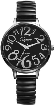 Silverora Uhren Damen Elastische Damenuhren: Wasserdicht Leicht Klare Lesbare Analog Quarz Armbanduhren Großes Zifferblatt Uhr mit Edelstahl Stretchband Geschenke für Frauen Ältere schwarz