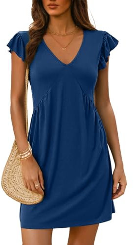 Dokotoo Women's Summer Dresses 2025 Beach Ladies Sundress Fashion Gold Empire Line Hihg Waist Ruffle Short Sleeve Deep V-Neck Solid Color Sundresses Spring Casual Womens Mini Dress Blue M