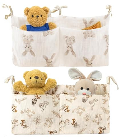 Elitecran Hanging Storage Bag Baby, Cot Pocket Organiser Crib Cotton Diaper Caddy Organisers with 2 Pockets Hanging Nappy Pocket Nursery Solid Cabin Bedside Toys Multipurpose Room Organiser