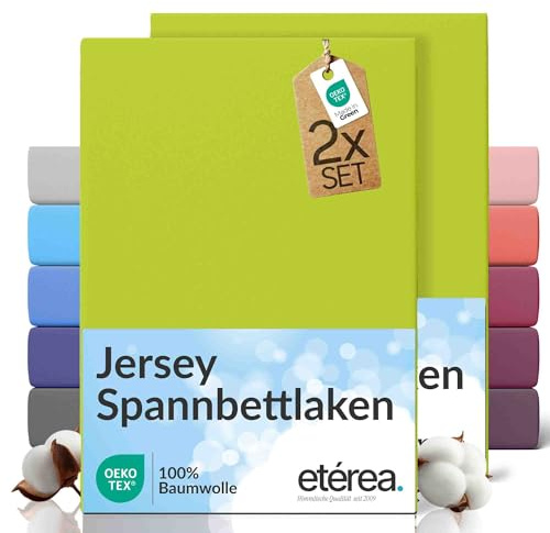etérea Jersey 2er Set Spannbettlaken 200x220cm Apfelgrün bis 25 cm Höhe - 100% Baumwolle Spannbetttuch Oekotex - Bed Sheets mit Rundumgummi - Doppelpack Bettlaken 200x220 cm - Grün