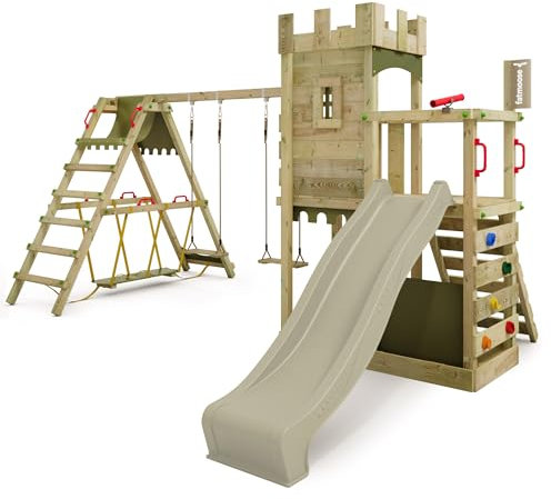 FATMOOSE Spielturm Ritterburg BoldBaron Boost XXL mit SurfSwing, Schaukel & salbeigrüner Rutsche, Outdoor Kinder Kletterturm mit Sandkasten Leiter & Spiel-Zubehör für den Garten