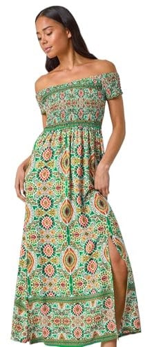 Roman Originals Bardot Dress for Women UK Ladies Shirred Chest Off Shoulder Cold Shoulder Maxi Midi Summer Beach Holiday Sleeveless Garden Cocktail Party Elasticated - Petite Abstract Green - Size 12