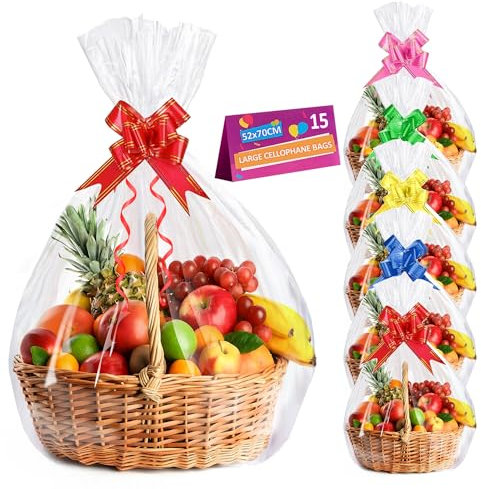 SAHMVER 15Pcs Large Cellophane Bags, Clear Cellophane Wrap for Hampers with Pull Bows, 20X27 Cellophane Wrap Bags for Hampers, Packaging Basket Bag, Gift Wrap Cellophane