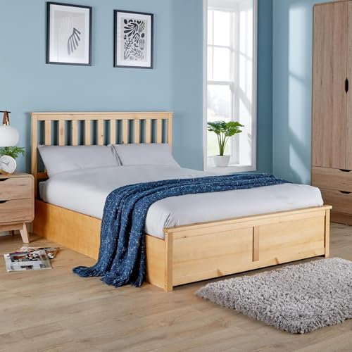 Home Source Ottoman Double Size Pine End Lift Storage Bed, Gas Lift, Natural