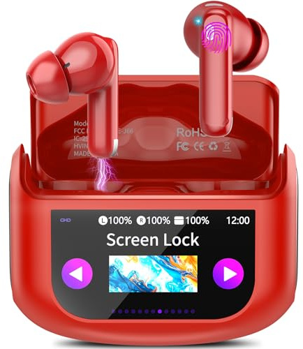 Auriculares Inalámbricos Bluetooth ANC Reducción de Ruido, 48H Auriculares Bluetooth 5.4 Con HD Micrófono, Sonido Premium, 5 Modos EQ Cascos Pantalla Táctil, IP7 Impermeable Cascos Inalámbricos, Rojo