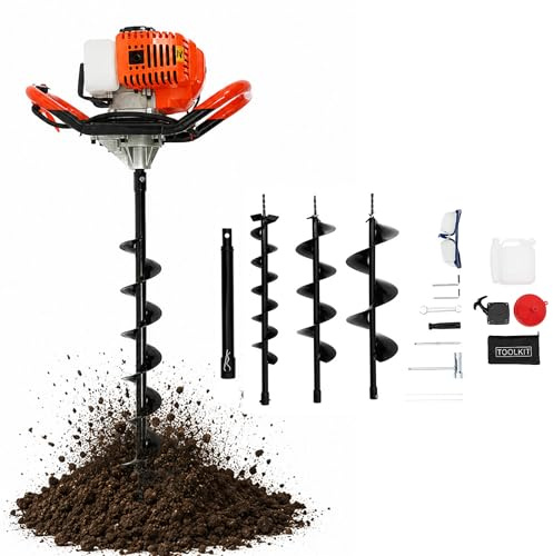 HUOMMGS Trivella per Terreno 52CC 1,46KW Trivella A Scoppio con 100/150/200mm Punta & Prolunga Motore A 2 Tempi 7500 Giri/Min Mototrivella A Scoppio con Occhiali Protettivi Trivellas A Mano