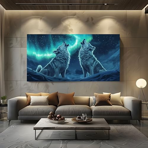 Bilder für die Wand Wildtiere Wolf Leinwandbilder Groß für Schlafzimmer | Natur Landschaft Nordlichter Wandbild für Wohnzimmer, XXL Kunstdruck auf Leinwand Mystisch Schnee 80x160cm Wanddeko Kunst