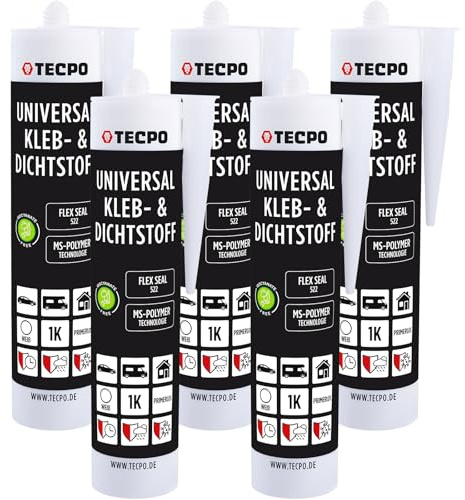 TECPO Universal Kleb- und Dichtstoff MS-Polymer 5x 480g weiß Flex Seal 522 elastisch, silikonfrei, lösemittelfrei, Auto Wohnmobil Bau Industrie Innen und Außen