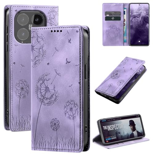 LBH Handyhülle für Xiaomi 15T Klapphülle RFID Schutz Kartenfächer Geldfach Design Cover Case Blume Pusteblume Flipcase Violett