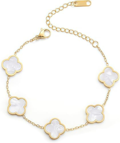FANAOREN Cadeau Femme Bracelet Trèfle à Quatre Feuilles en Acier Inoxydable Cadeau Anniversaire Femme Maman Soeur Amie Noel Saint Valentin Fete des Meres (doré)
