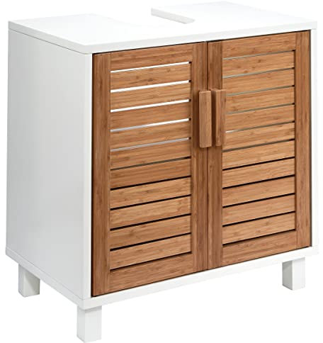 BUTLERS White Sands Waschbeckenunterschrank Bambus-Optik 60x38x61,5 cm in Weiß - Moderner Badunterschrank, Badmöbel