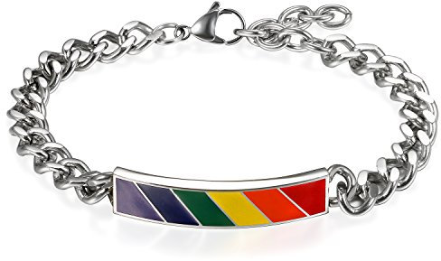 JewelryWe Schmuck Regenbogen Panzerkette Armband mit Gravur Partnerarmband Paare Ambänder aus Edelstahl Homosexuell LGBT Gay & Lesbian Pride Pärchen Armreifen für Herren