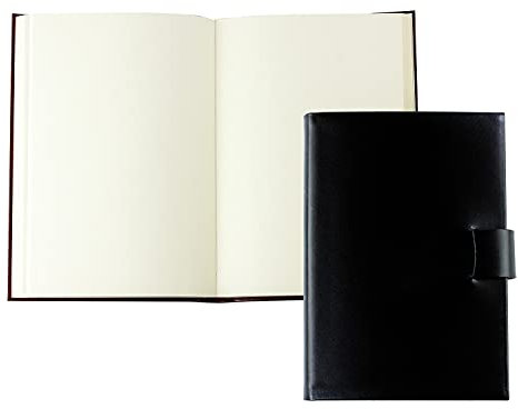 DELMON VARONE - Personalisierbares Notizbuch DIN A5 gebunden in Premium Cambridge Top Grain Leder (Rindspaltleder) schwarz, Blanko Buch unliniert im Softcover Ledereinband mit Verschlusslasche