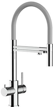 Rubinetto cucina 5 vie ACCIAIO INOX lucido per sistemi acqua gasata/aromatizzata e filtro depurazione - canna acqua filtrata girevole e doccia 2 getti movibile per acqua di linea (Grigio)