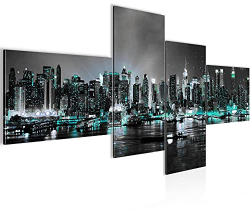 Runa Art Wandbilder Set XXL New York City Wohnzimmer Büro Schwarz Türkis 4 Teilig - Made in Germany - 605445b