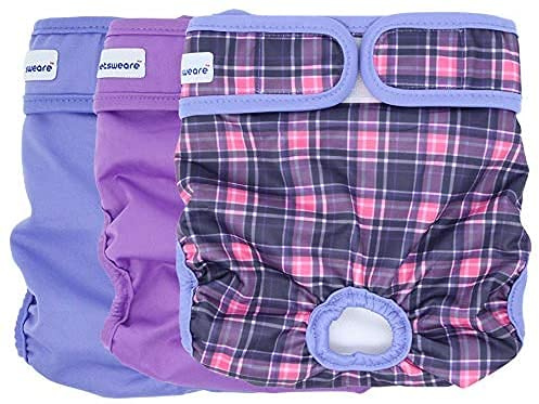 Petsweare Wasserdicht Saugfähigkeit Waschbare Robuste Wiederverwendbare Hundewindeln Läufigkeitshose Inkontinenzunterlage für Weiblichen Welpe und Hündinnen 3 Pack (XSmall, Lila)