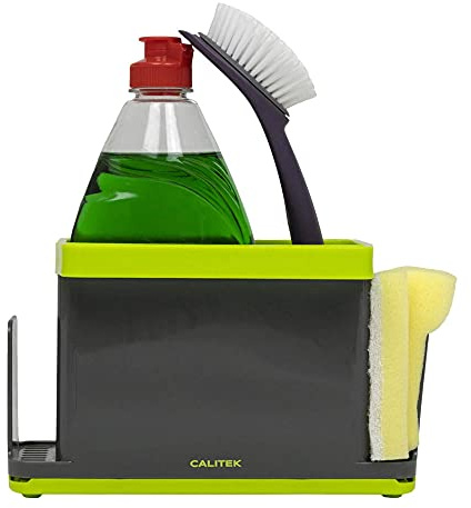 CALITEK Sink Caddy Washing Up Organiser for Sponge Brush Storage Tidy with Removable Drip Tray (Grey/Green)