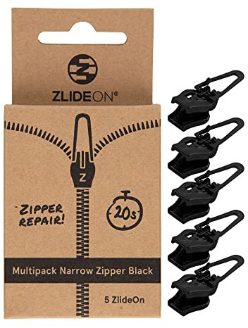 ZlideOn Reißverschluss Zipper Ersatz Reparatur Set – Schwarz Reißverschluss Reparieren Schmaler Multipack (5 Pack) - Reissverschluss-Reparaturset