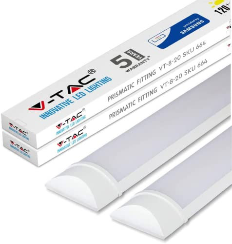 V-TAC 20W 2Ft Samsung LED Tube Lights - 6500K White, Wall & Ceiling Batten Light - Shed, Kitchen & Garage Lighting [Pack of 2]