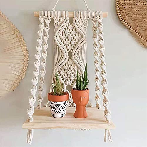 Makramee-Wandregal, Pflanzendekor, für drinnen und draußen, schwebendes Holzregal, dekorativ, handgefertigt, Seil, Boho-Regal für Pflanzen