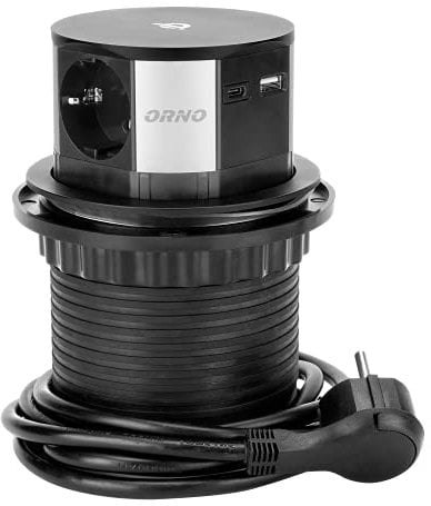 ORNO GM-9017 Tischsteckdose Versenkbar Ø10cm mit Induktionsladegerät, 2 USB-Anschlüsse (A, C) 1,5 m Kabel mit Kabelverschraubung
