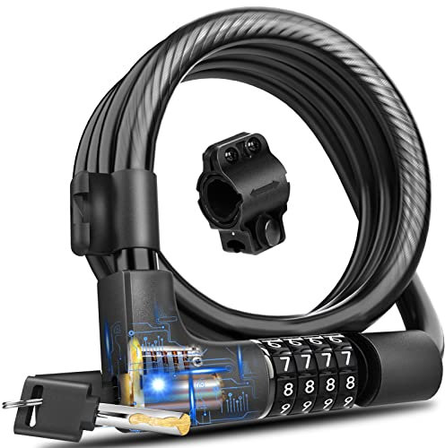 KEYSTP Bike Lock Cable with Combination & Key, Password Lost Retrievable Bicycle Lock Anti-Theft, Coiled Secure Resettable Bike Combination Lock with Mounting Bracket for Bikes and Scooters(12mm)