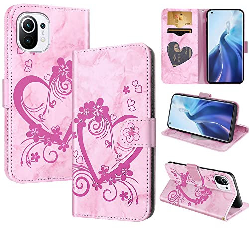 CASAFUNY Handyhülle für Xiaomi 11 Lite 5G NE/Xiaomi Mi 11 Lite 5G / Mi 11 Lite 4G Hülle Tasche PU Leder Flip Case Brieftasche Kartenfach Klapphülle Handytasche Case Schutzhülle, Rosa
