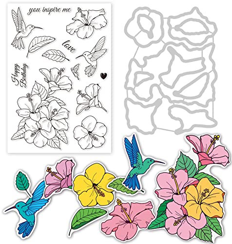 INFUNLY Hibiskus-Stanzformen, transparentes Stempel-Set, Blumen-Stanzformen, Silikonstempel, DIY-Prägung, 3D-Schablonenvorlage für Kartenherstellung, Dekoration und DIY Scrapbooking