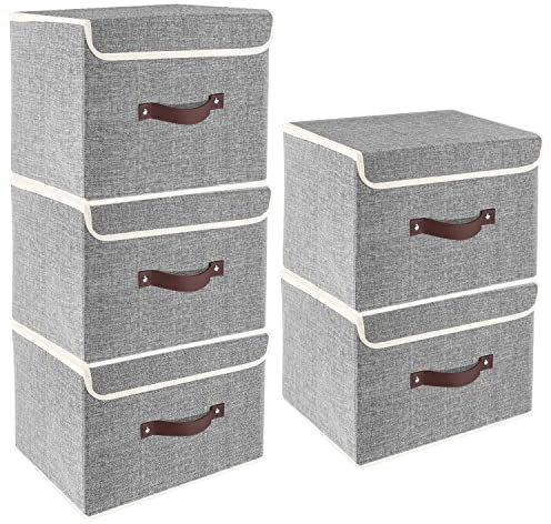 TYEERS Collapsible Storage Box with Lid, Fabric Storage Box for Clothes, Wardrobe Storage, 38x25x25 cm, Set of 5, Grey