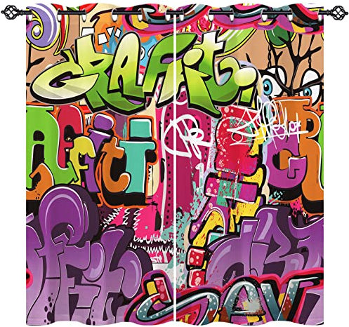 ANHOPE Bunte Modern Straße Graffiti Blickdichte Gardinen mit Ösen Kinder Jungen Mädchen Thermo Vorhänge Wohnzimmer Schlafzimmer Verdunklungsvorhänge 2er Set H 138 x B 117 cm