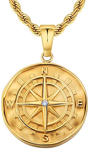 KRKC&CO Kompass Kette Herren Münze Anhänger Goldkette, 2,5mm 55,9cm Kordelkette Kettenanhänger Windrose Gold, 18K vergoldet Edelstahl Halskette Medaillon, Geburtstag Geschenk für Männer Jungen Freund