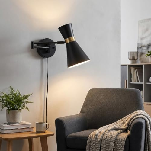 B·LED BARCELONA LED Wandlampe Schlafzimmer Verstellbar Schwarz Gold Vintage Retro Leselampe Bett – Innenwandleuchte mit Schwenkarm und Beweglichem Lampenschirm, Aluminium E27